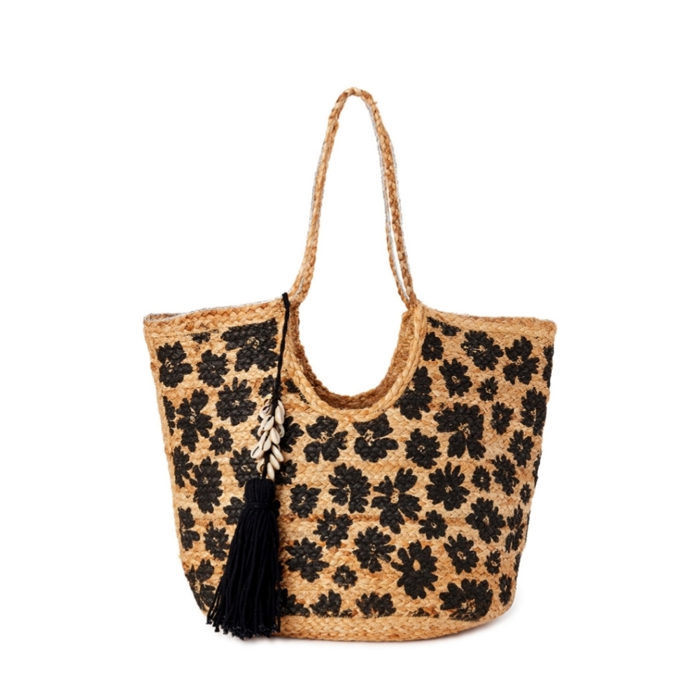 Black Floral Jute Tote Bag Beach Grocery Clothing CUTE! - Picture 1 of 4